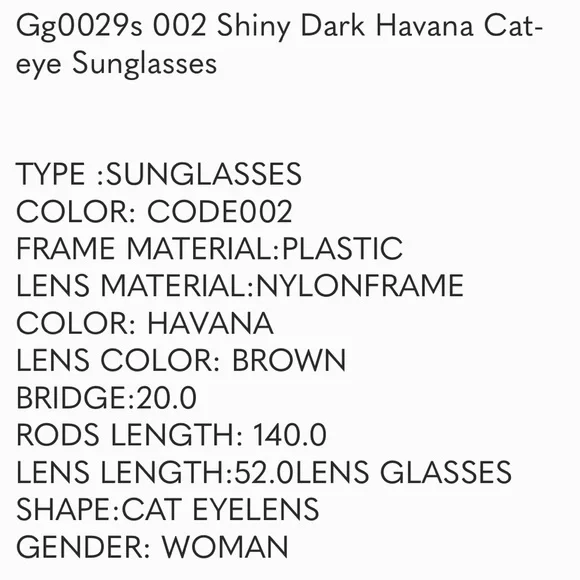GUCCI GG0029s 002 Shiny Dark Havana Cat-eye Sunglasses - Picture 9 of 12